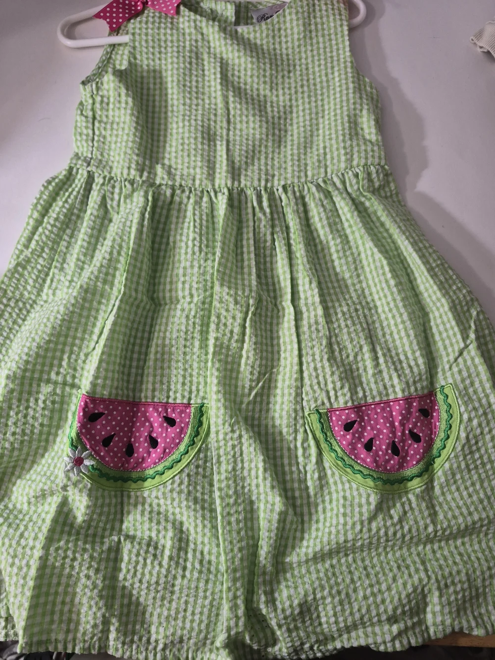 Rare Editions Light Green Seersucker Dress with Pink Bow & Watermelon Pockets